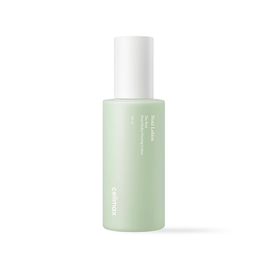 Celimax The Real Noni Hydra Firming Lotion in a tall translucent green bottle with a white pump dispenser