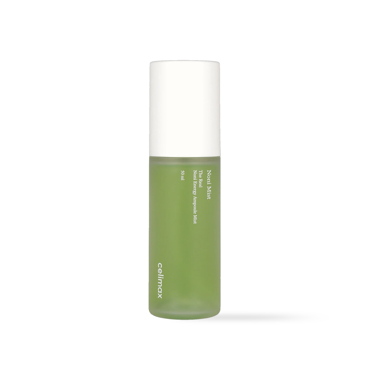 Celimax The Real Noni Energy Ampoule Mist in a clear spray bottle with vibrant green liquid and a white cap