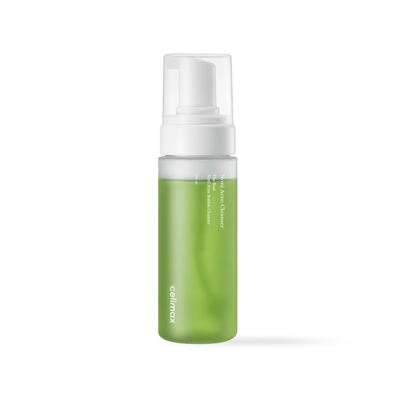 Celimax The Real Noni Acne Bubble Cleanser in a clear pump bottle with green liquid and white foam dispenser