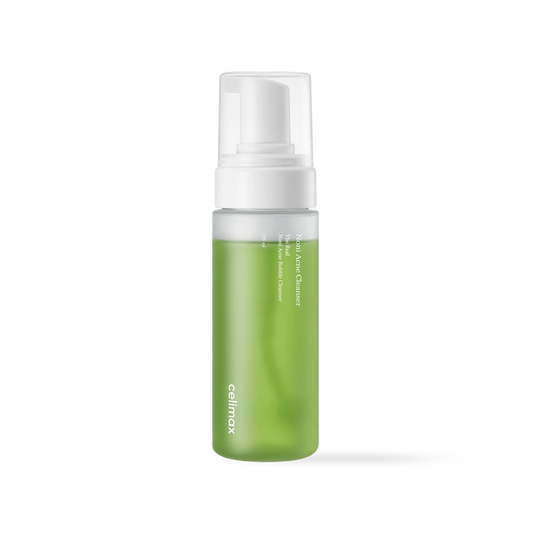 Celimax The Real Noni Acne Bubble Cleanser in a clear pump bottle with green liquid and white foam dispenser