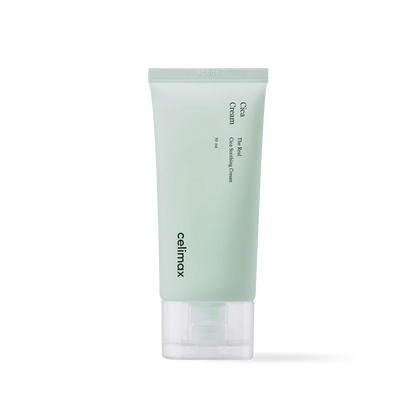 Celimax The Real Cica Soothing Cream in a white and green squeeze tube with a lightweight gel-cream texture