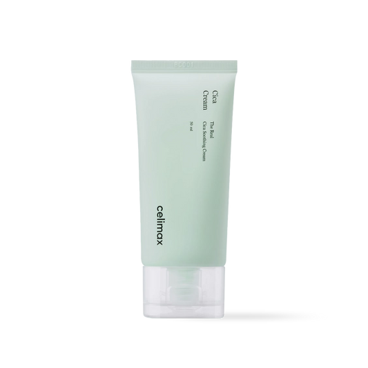 Celimax The Real Cica Soothing Cream in a white and green squeeze tube with a lightweight gel-cream texture