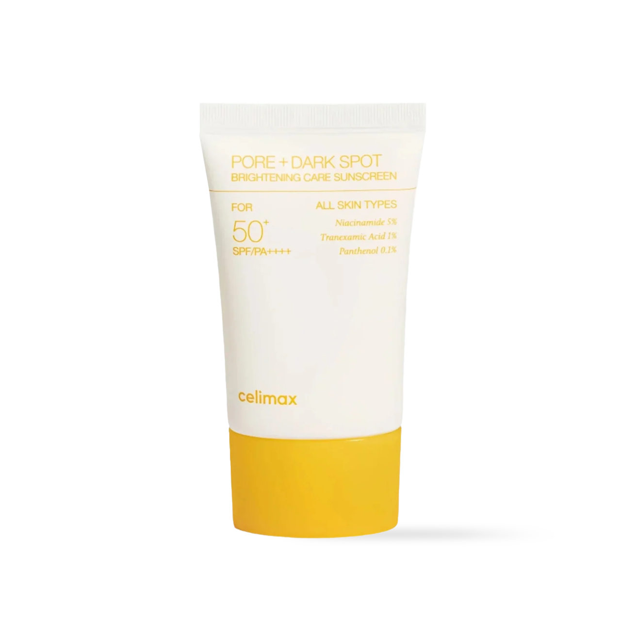 Celimax Pore and Dark Spot Brightening Care Sunscreen in a white squeeze tube with a minimalist blue and black label