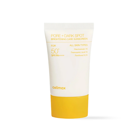 Celimax Pore and Dark Spot Brightening Care Sunscreen in a white squeeze tube with a minimalist blue and black label