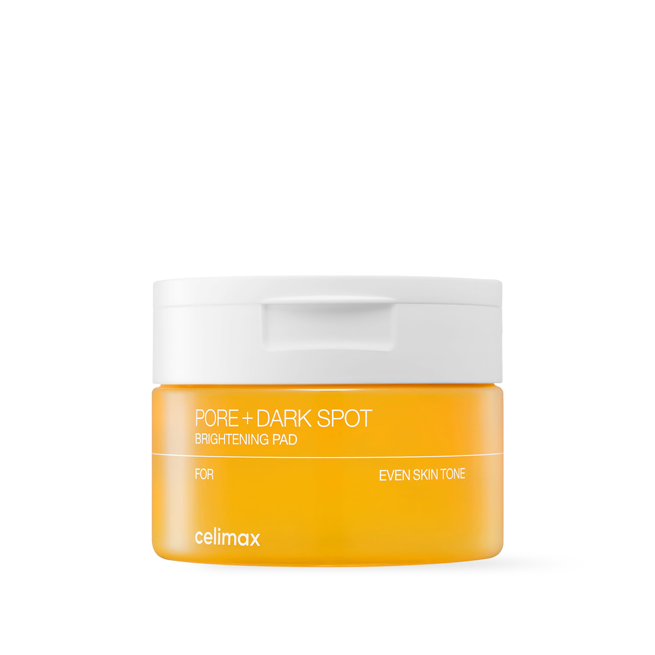Celimax Pore and Dark Spot Brightening Pad 40 count in a clear jar with yellow and white minimalist labeling