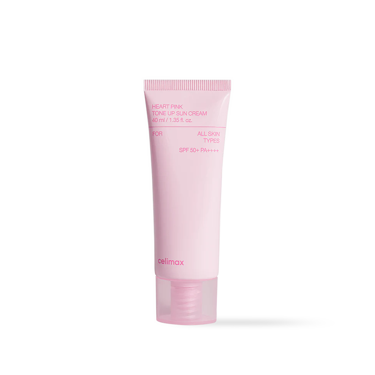 Celimax Heart Pink Tone Up Sun Cream in a pink and white squeeze tube with a heart-shaped cap