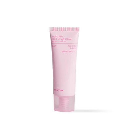 Celimax Heart Pink Tone Up Sun Cream in a pink and white squeeze tube with a heart-shaped cap