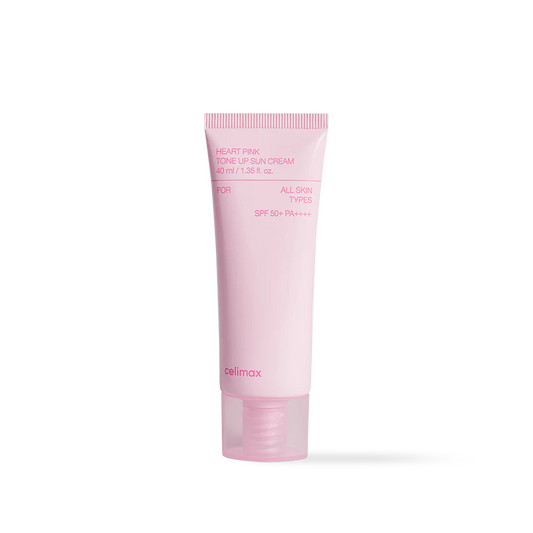 Celimax Heart Pink Tone Up Sun Cream in a pink and white squeeze tube with a heart-shaped cap