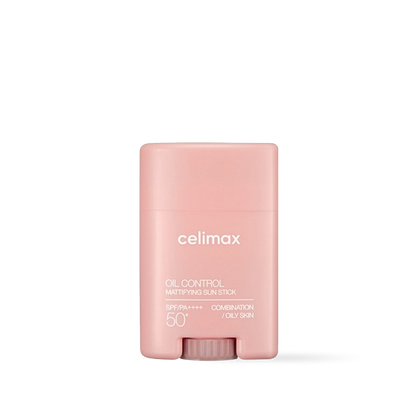 Celimax Oil Control Mattifying Sun Stick in a blue and white twist-up tube with a matte finish formula