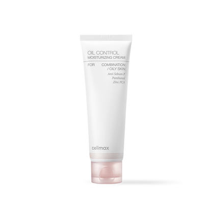 Celimax Oil Control Moisturizing Cream in a white squeeze tube with minimalist blue and black text