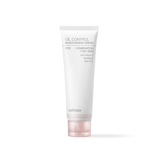 Celimax Oil Control Moisturizing Cream in a white squeeze tube with minimalist blue and black text