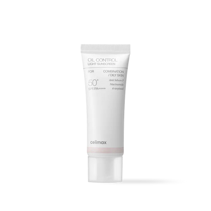 Celimax Oil Control Light Sunscreen in a white squeeze tube with a minimalist blue and black label design