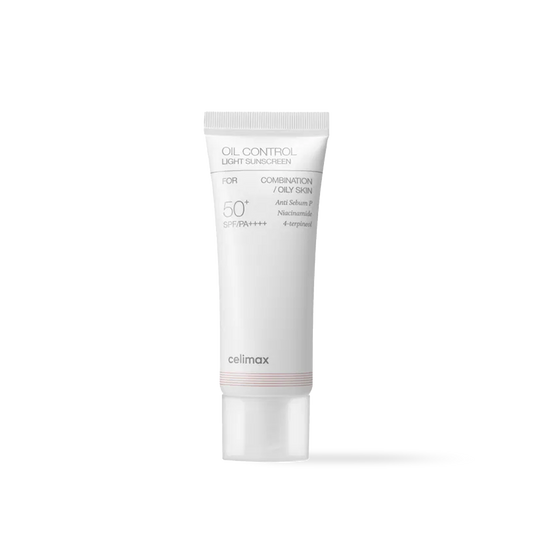 Celimax Oil Control Light Sunscreen in a white squeeze tube with a minimalist blue and black label design