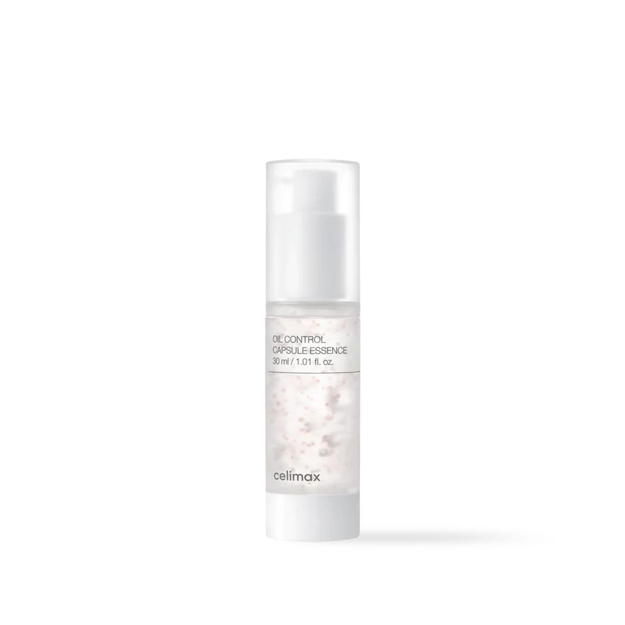 Celimax Oil Control Capsule Essence in a clear glass bottle with blue moisture capsules and a white pump top