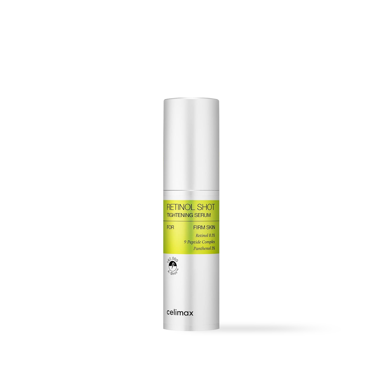 Celimax The Vita-A Retinol Shot Tightening Serum in a yellow and white pump bottle with a clear cap