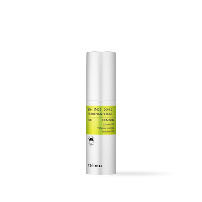 Celimax The Vita-A Retinol Shot Tightening Serum in a yellow and white pump bottle with a clear cap