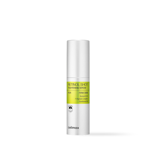 Celimax The Vita-A Retinol Shot Tightening Serum in a yellow and white pump bottle with a clear cap