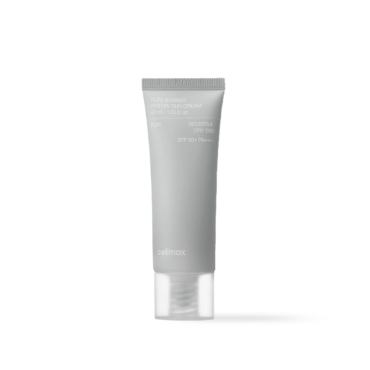 Celimax Dual Barrier Watery Sun Cream in a white squeeze tube with a minimalist blue and black label design