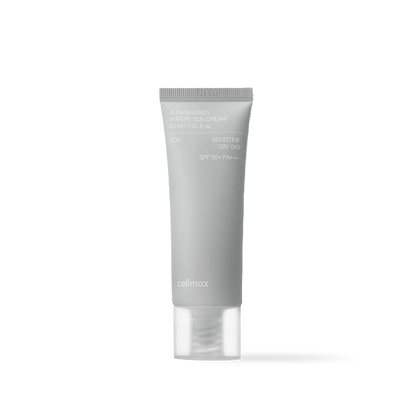 Celimax Dual Barrier Watery Sun Cream in a white squeeze tube with a minimalist blue and black label design