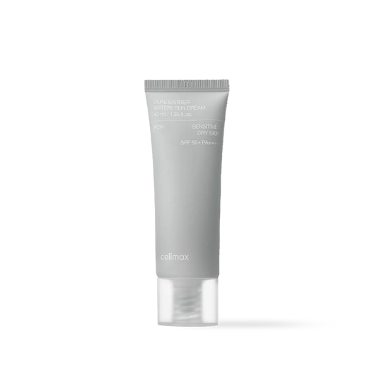 Celimax Dual Barrier Watery Sun Cream in a white squeeze tube with a minimalist blue and black label design