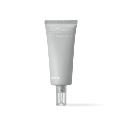 Celimax Dual Barrier Skin Wearable Cream in a white squeeze tube with a minimalist blue and black label design