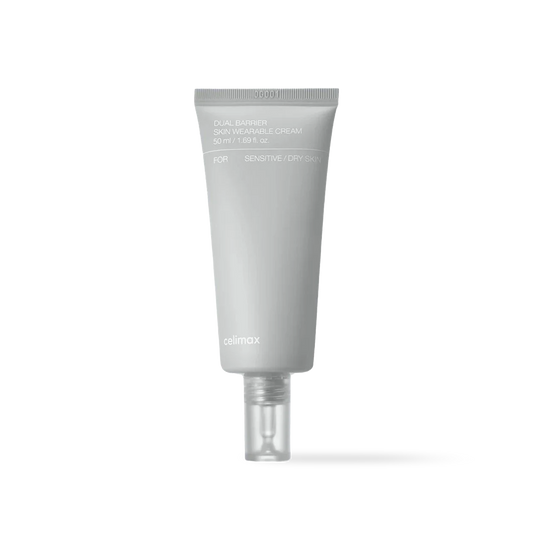 Celimax Dual Barrier Skin Wearable Cream in a white squeeze tube with a minimalist blue and black label design