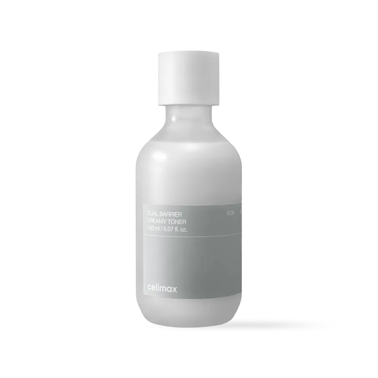 Celimax Dual Barrier Creamy Toner in a frosted bottle with milky white liquid and a minimalist blue label