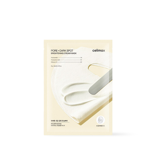 Celimax Pore and Dark Spot Brightening Cream Mask in a white and yellow squeeze tube packaging