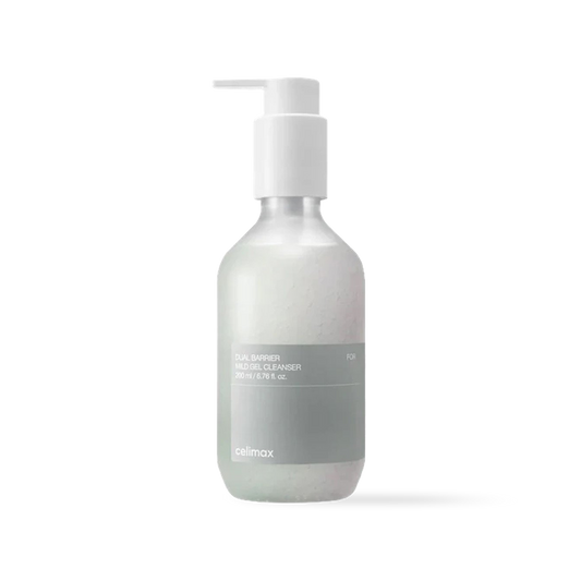 Celimax Dual Barrier Mild Gel Cleanser in a clear 200ml pump bottle with a minimalist white and blue label
