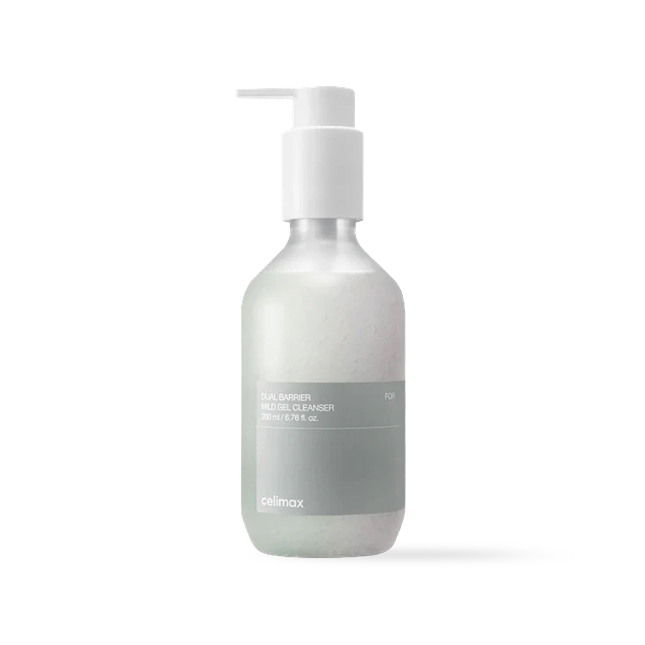 Celimax Dual Barrier Mild Gel Cleanser in a clear 200ml pump bottle with a minimalist white and blue label