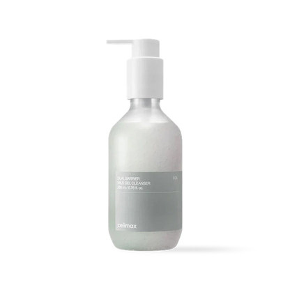 Celimax Dual Barrier Mild Gel Cleanser in a clear 200ml pump bottle with a minimalist white and blue label