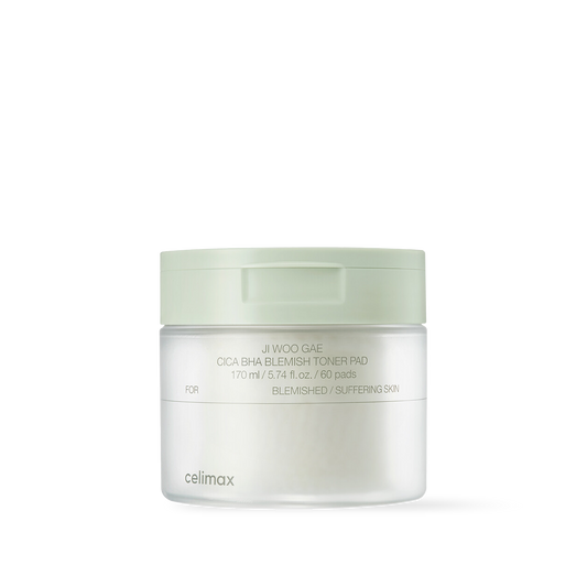 Celimax Ji Woo Gae Cica BHA Blemish Toner Pad in a green plastic jar with white textured cotton pads inside
