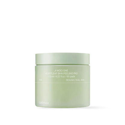 Celimax Ji Woo Gae Heartleaf BHA Peeling Pad 60pads in a green jar with textured white cotton pads inside