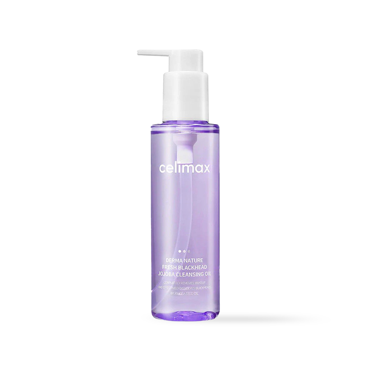 Celimax Derma Nature Fresh Blackhead Jojoba Cleansing Oil in a clear pump bottle with a minimalist blue label