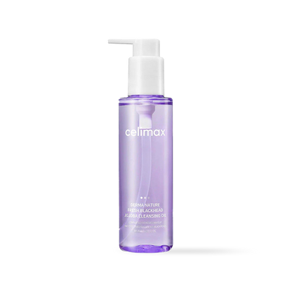 Celimax Derma Nature Fresh Blackhead Jojoba Cleansing Oil in a clear pump bottle with a minimalist blue label