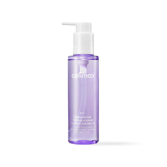 Celimax Derma Nature Fresh Blackhead Jojoba Cleansing Oil in a clear pump bottle with a minimalist blue label