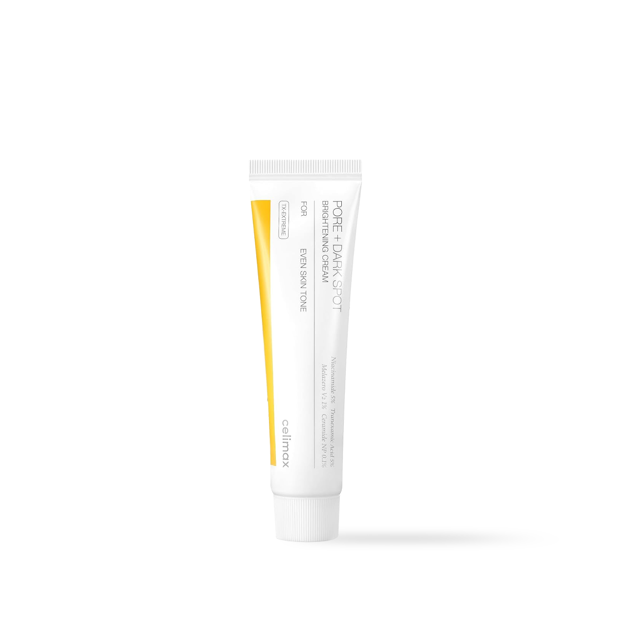 Celimax Pore and Dark Spot Brightening Cream in a white squeeze tube with a precision tip applicator