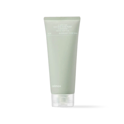 Celimax Ji Woo Gae Cica BHA Acne Foam Cleansing in a white squeeze tube with green and black minimalist text