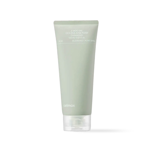 Celimax Ji Woo Gae Cica BHA Acne Foam Cleansing in a white squeeze tube with green and black minimalist text