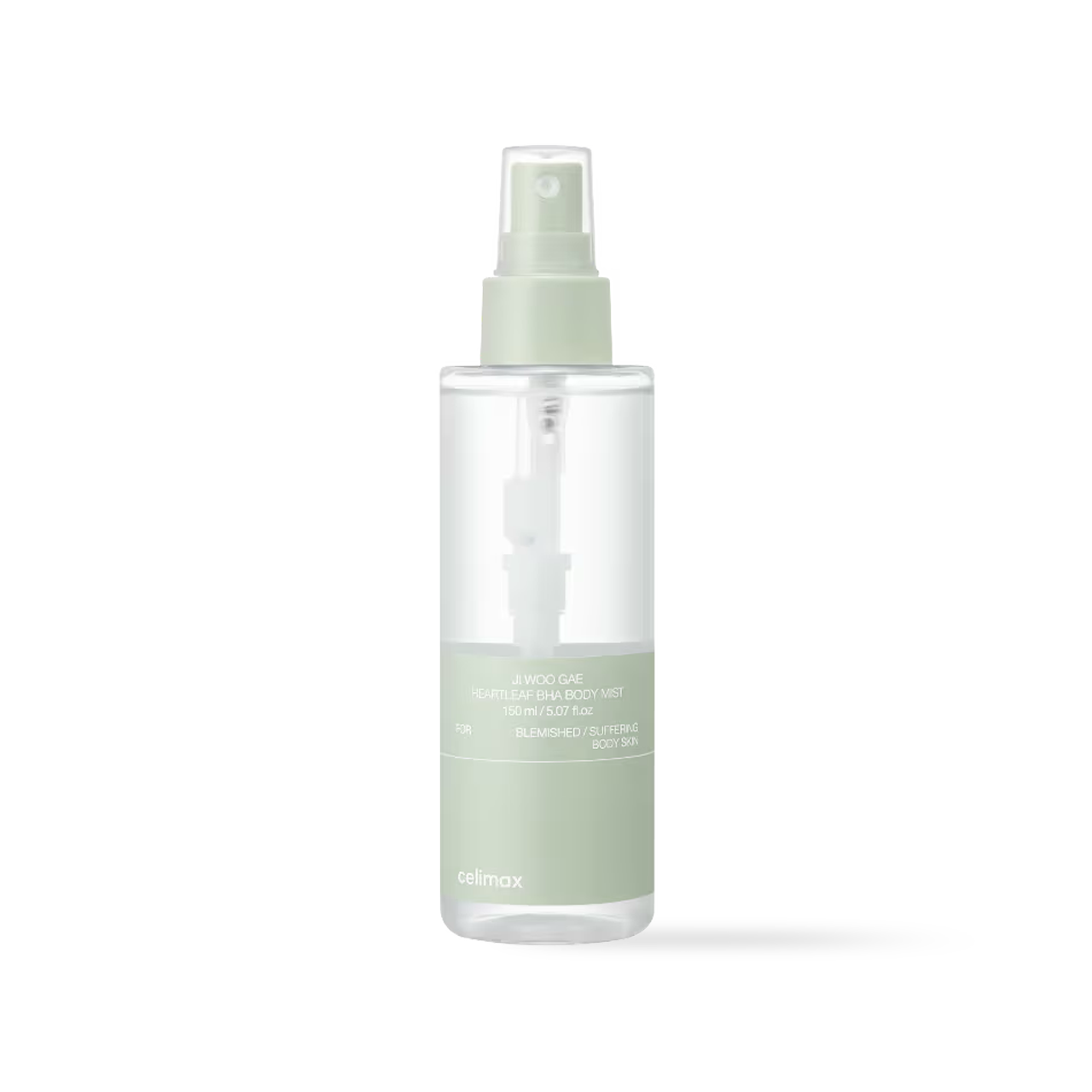 Celimax Ji Woo Gae Heartleaf BHA Body Mist in a clear spray bottle with a green and white label
