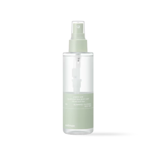 Celimax Ji Woo Gae Heartleaf BHA Body Mist in a clear spray bottle with a green and white label