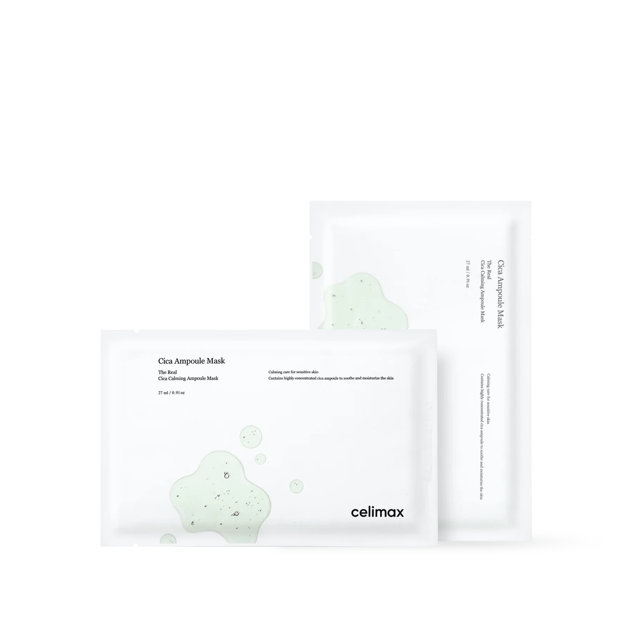 Celimax The Real Cica Calming Ampoule Mask 5ea box and sheet mask in green packaging with a soothing liquid finish