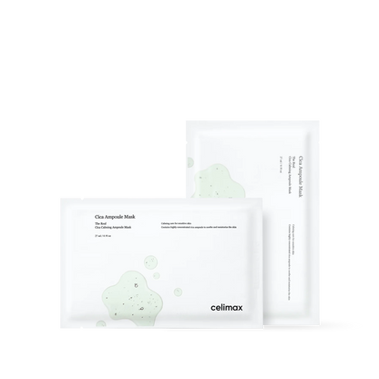 Celimax The Real Cica Calming Ampoule Mask 5ea box and sheet mask in green packaging with a soothing liquid finish