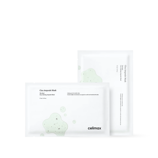 Celimax The Real Cica Calming Ampoule Mask 5ea box and sheet mask in green packaging with a soothing liquid finish