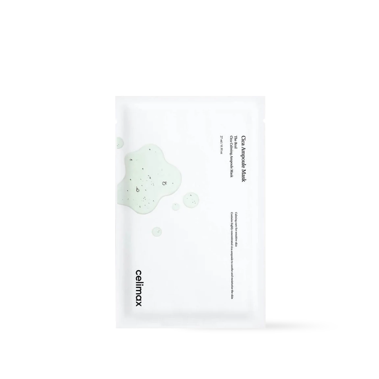 Celimax The Real Cica Calming Ampoule Mask in a green and white sheet mask packet with a clear liquid dropper graphic