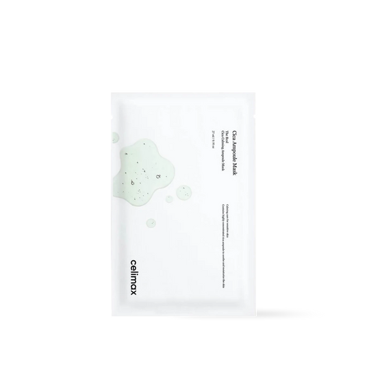 Celimax The Real Cica Calming Ampoule Mask in a green and white sheet mask packet with a clear liquid dropper graphic