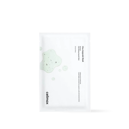 Celimax The Real Cica Calming Ampoule Mask in a green and white sheet mask packet with a clear liquid serum finish
