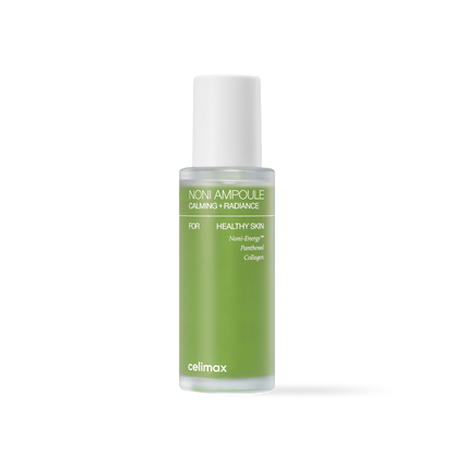 Celimax The Real Noni Energy Ampoule in a clear glass bottle with vibrant green liquid and a white dropper cap