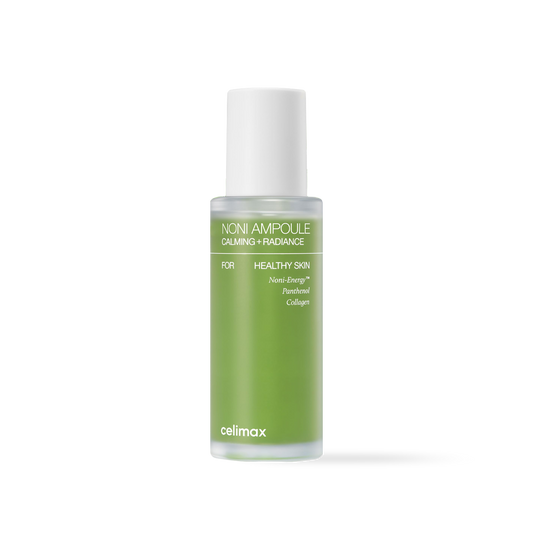 Celimax The Real Noni Energy Ampoule in a clear glass bottle with vibrant green liquid and a white dropper cap