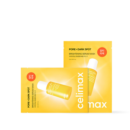Celimax Pore and Dark Spot Brightening Serum Mask box and sheet mask in white and yellow minimalist packaging